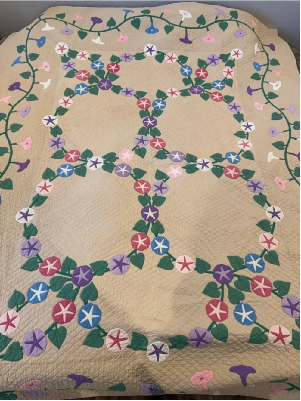 VTG 30’s-40’s Handmade Morning Glory Applique Quilt in Beige Multi 75x97”